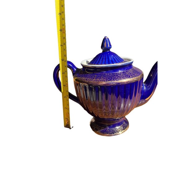 Vintage Cobalt Blue Hall Teapot Los Angeles Gold Trim Ribbed 083 READ - Picture 11 of 11